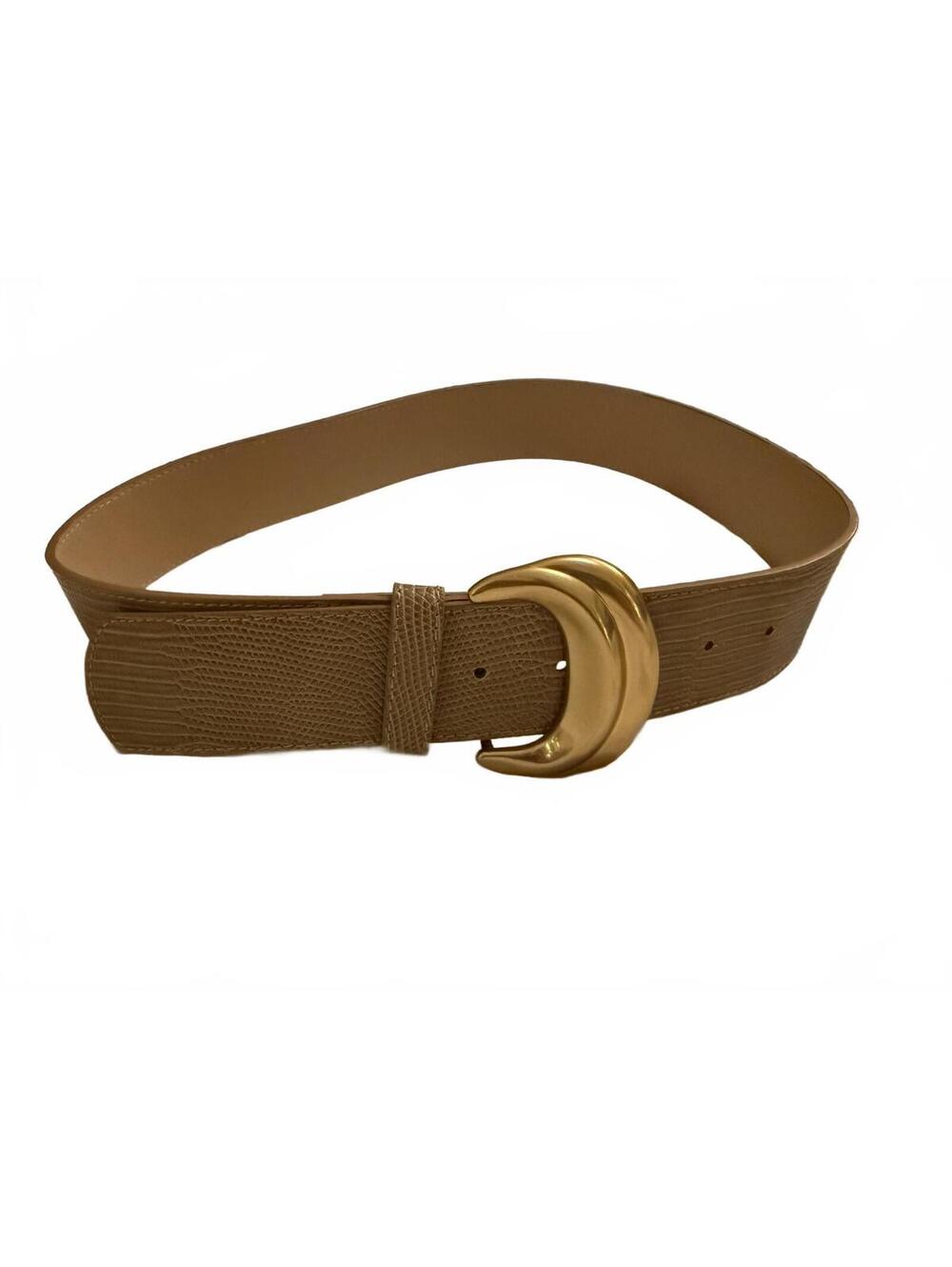 Brown Textured Faux Leather Belt with Gold Curved Buckle